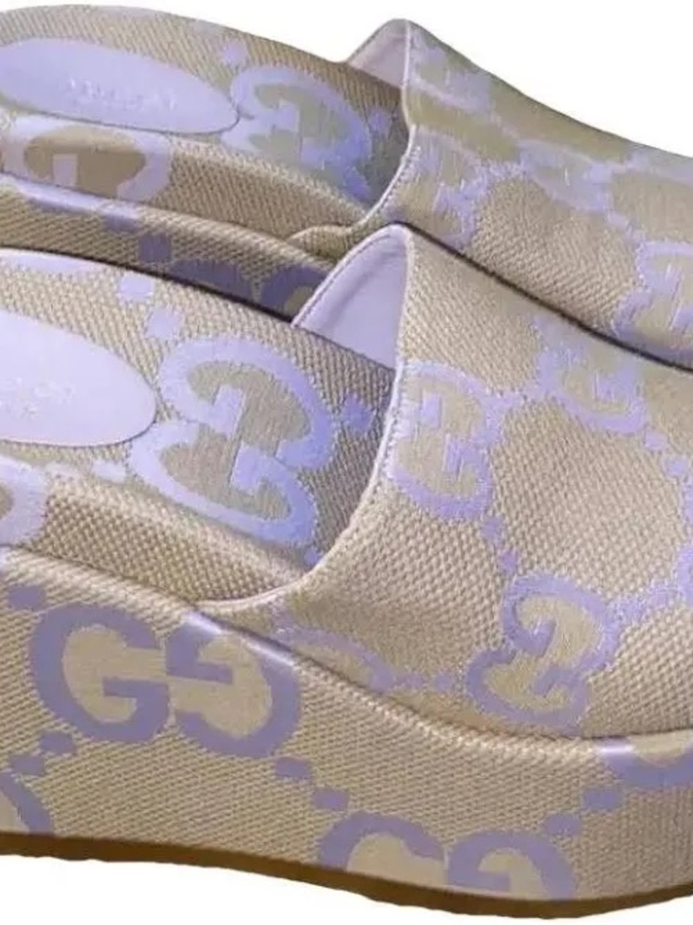 Gucci Beige Canvas Slip-On Wedge Mules with Lilac Monogram